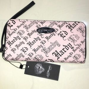 Ed Hardy Pink & Black Faux ZA Wallet Ed Hardy Logo In Different Fonts NWT